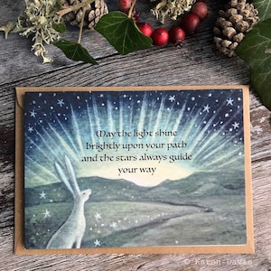 Greeting Card x1 May the Light Shine Brightly. White Hare/ Blessing. By Karen Davis