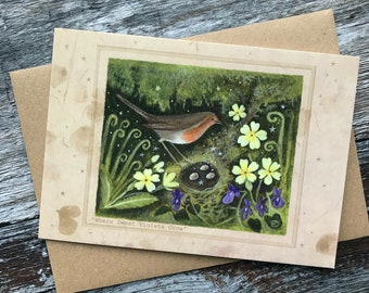 Greeting Card x1. Spring Robin/Where Sweet Violets Grow. By Karen Davis