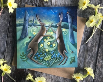 Stone, Scent and Spirit. Magical Hares Greeting Card x1.