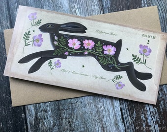Greeting Card x1. Wild Rose/ Hedgerow Hare.  By Karen Davis