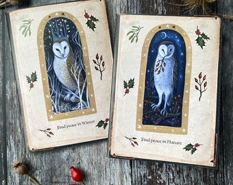 Notebooks x 2. Owls. Find Peace in Nature/ Find Peace in Winter. A6/C6 size/Soft back/36 Plain Pages By Karen Davis