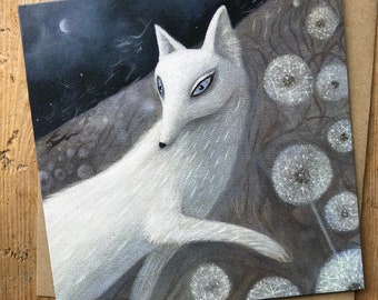 Greeting Card x1 Clothed in Silver. White Fox By Karen Davis