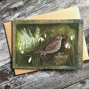 Greeting Card x1 Bird/Thrush/Snowdrops and Heart. by Karen Davis