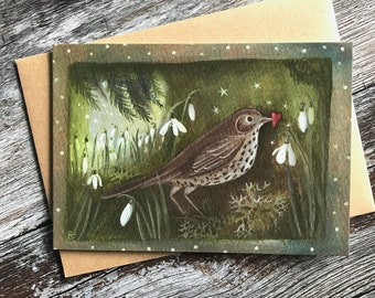 Greeting Card x1 Bird/Thrush/Snowdrops and Heart. by Karen Davis