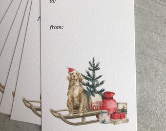 Santa Hat Dog on Sled Watercolor Christmas Holiday Gift Tags set of 8 with ribbon