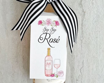 Sip Sip Rose Wine Bottle Gift Tag set with Ribbon | Watercolor Rose and Floral Gift Tags