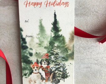 Snowy Dog Duo Watercolor Christmas Holiday Gift Tags set of 8 with ribbon