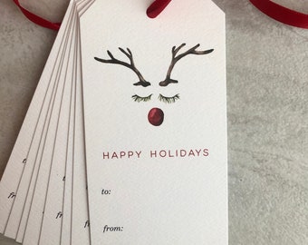 Watercolor Red Nosed Reindeer Christmas Gift Tags, Set of 8