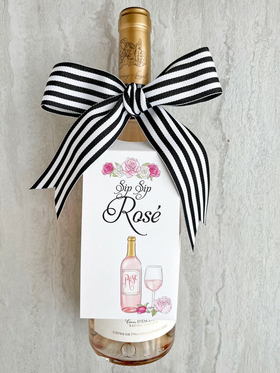 Sip Sip Rose Wine Bottle Gift Tag set with Ribbon Watercolor Rose and