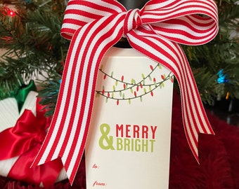 Merry & Bright Bottle Gift Tags | Christmas Lights Wine Bottle Gift Tag set with Ribbon
