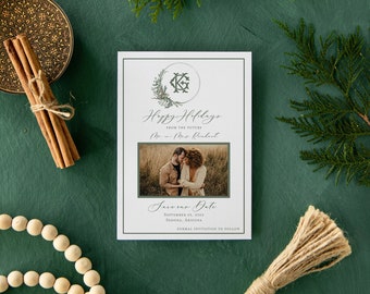 Holiday Wedding Save the Date Photo Card with Monogram, 5x7 Greenery Save the Date