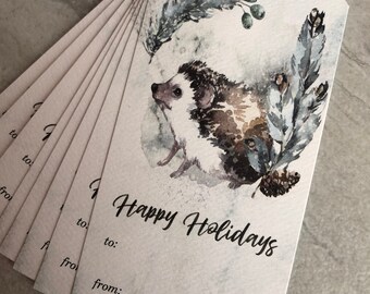 Winter Woodland Hedgehog Watercolor Christmas Holiday Gift Tags set of 8 with ribbon