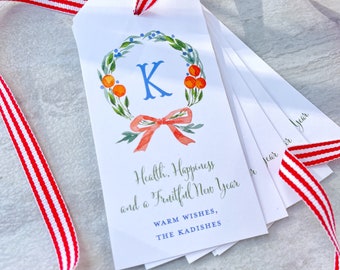 Monogram Citrus Wreath Holiday Gift Tag set of 12 Personalized Orange Watercolor Christmas Gift Tags, Holiday Tags with Ribbon