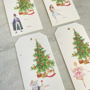 Conjunto de 8 etiquetas para presente de feriado de Natal em aquarela de balé quebra-nozes com fita Conjunto tradicional de etiquetas para presente de fada de açúcar e ameixa de Natal
