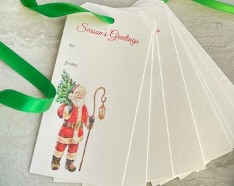 Santa Claus Season’s Greetings Watercolor Christmas Holiday Gift Tags set of 8 with ribbon