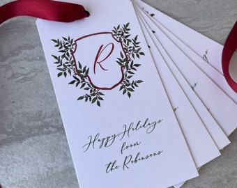 Monogram Holiday Crest Gift Tag set of 12 Personalized Berry Branch Watercolor Crest Christmas Gift Tags, Holiday Tags with Ribbon