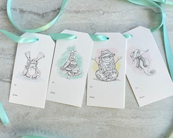 Seas and Greetings Watercolor Christmas Holiday Gift Tags set of 8 with ribbon Beach Coastal Christmas Gift Tag set