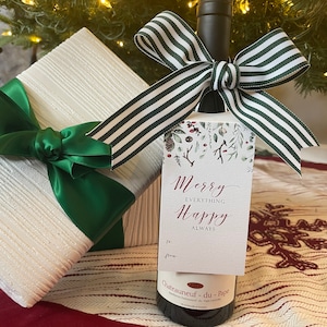 Merry Everything Happy Always Bottle Gift Tags | Watercolor Christmas Wine Bottle Gift Tag set with Ribbon | Winter Greenery Liquor Gift Tag