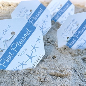 Jersey Shore Beach Badge Starfish Slate Blue Wedding Place Cards Coral Escort Cards