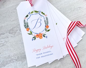Monogram Holiday Crest Gift Tag set of 12 Personalized Orange Winter Greenery Watercolor Crest Christmas Gift Tags, Holiday Tags with Ribbon