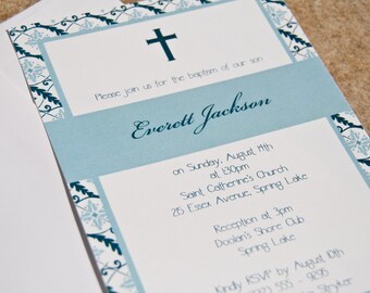 Christening Communion Baptism Cross Floral Vine Blue Party Invitation Deposit