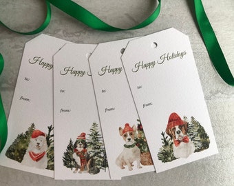 Festive Dogs Watercolor Christmas Holiday Gift Tags set of 8 with ribbon