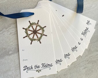 Deck the Helms Watercolor Christmas Holiday Gift Tags set of 8 with ribbon Ship Wheel Nautical Coastal Christmas Gift Tag set