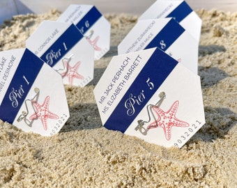 Starfish Jersey Shore Beach Badge Navy Wedding Place Cards Coral Escort Cards Retainer