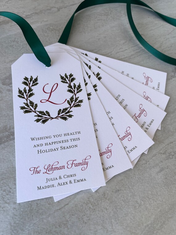 Monogram Holiday Laurel Gift Tag set of 12 Personalized Pine Branch