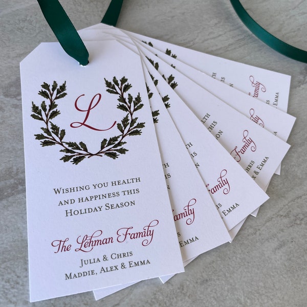 Monogram Holiday Laurel Gift Tag set of 12 Personalized Pine Branch Laurel Watercolor Christmas Gift Tags, Holiday Tags with Ribbon