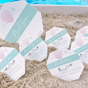 Signes de table de mariage d'insigne de plage de rivage de jersey de mer de coquillage