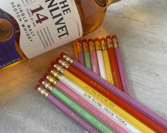 Happy Hour Pencil Set Spirits and Cocktail set of 7 Pencil Gift Set Alcohol Humor
