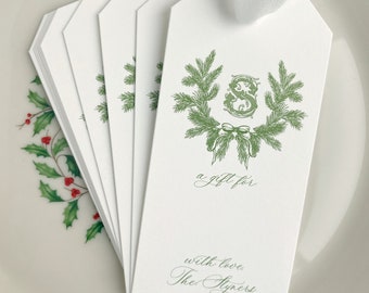 Bough of Pine Branches & Ribbon Monogram Holiday Gift Tag Set of 24