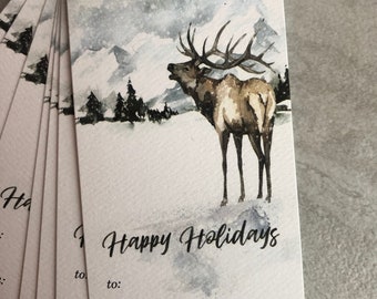 Winter Mountain Antlered Deer Watercolor Christmas Holiday Gift Tags set of 8 with ribbon