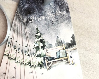 Winter Scene Snowy Park Bench Watercolor Christmas Holiday Gift Tags set of 8 with ribbon