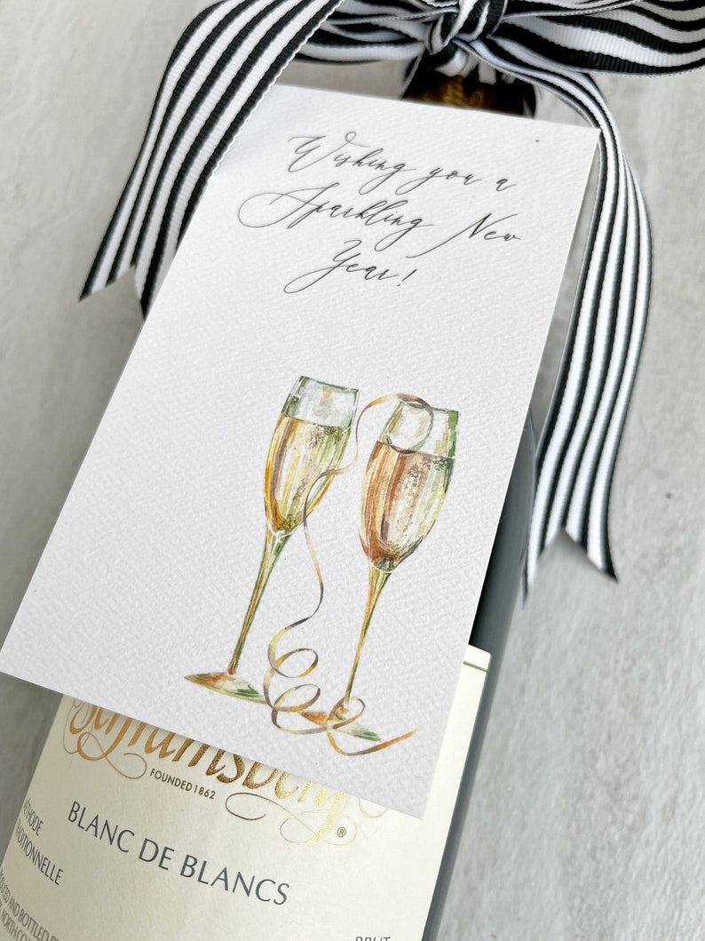 Happy New Year Bottle Tags Watercolor Champagne Gift Tag set with Ribbon Watercolor Champagne Sparkling Wine Bottle Holiday Gift Tags image 2