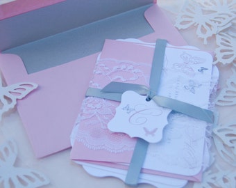 Butterfly Grace Elegant Formal Wedding Invitation, Fancy Frame Pink and Grey Invitations DEPOSIT