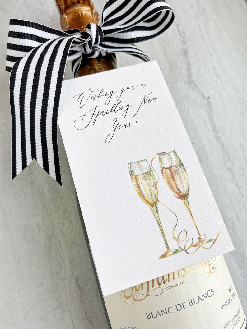 Happy New Year Bottle Tags Watercolor Champagne Gift Tag set with Ribbon Watercolor Champagne Sparkling Wine Bottle Holiday Gift Tags image 5