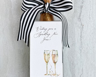 Happy New Year Bottle Tags | Watercolor Champagne Gift Tag set with Ribbon | Watercolor Champagne Sparkling Wine Bottle Holiday Gift Tags