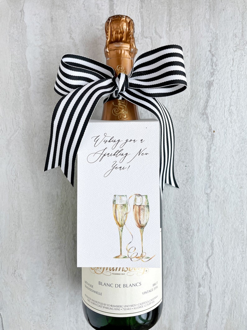 Happy New Year Bottle Tags Watercolor Champagne Gift Tag set with Ribbon Watercolor Champagne Sparkling Wine Bottle Holiday Gift Tags image 1