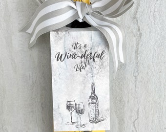 It's a Wine-derful Life Wine Bottle Gift Tag set with Ribbon | Wine Glass and Bottle Sketch Watercolor Gift Tags | Holiday Gift Tag Set