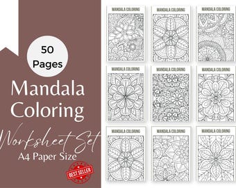May include: A set of 50 printable mandala coloring pages, perfect for adults and kids. The pages are designed for A4 paper size and feature intricate designs.