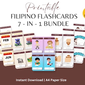 Könnte beinhalten: Ein Set druckbarer Filipino-Lernkarten, ein 7-in-1-Bundle mit über 100 Teilen. Die Karten zeigen Illustrationen und Text, einschließlich Wochentagen, Monaten und Fragewörtern. Die Wörter "Printable" und "Instant Download" sind ebenfalls sichtbar.