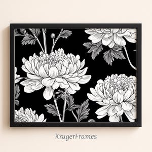 Impresión artística de crisantemo: elegante diseño floral en blanco y negro (descarga digital)