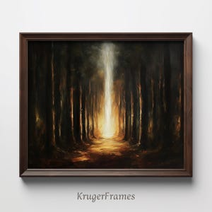 Arte de parede de floresta mística - Pintura de feixe de luz encantado, impressão de madeira escura, decoração de natureza de fantasia, arte de paisagem etérea - Download digital