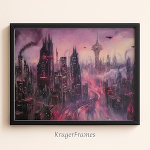 Printable Cyberpunk City Wall Art, Futuristic Skyline Painting Print, Sci-Fi Urban Decor, Neon Dystopian Poster, Digital Download