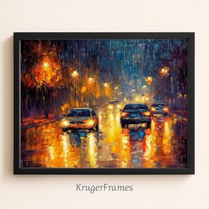 Printable Rainy City Street Wall Art, Urban Night Painting Print, Modern Cityscape Decor, Colorful Rain Artwork, Digital Download