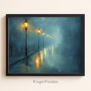 Printable Rainy Street Wall Art, Misty Lamp Post Painting Print, Moody Urban Decor, Night Landscape Poster, Digital Download