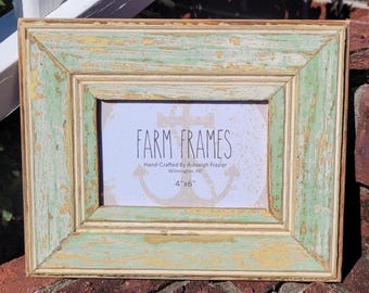 Cadre photo ancien en bois vintage 4 x 6 VERT et JAUNE