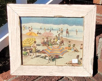 Impression carte postale BEACH BATHERS dans un cadre en bois récupéré